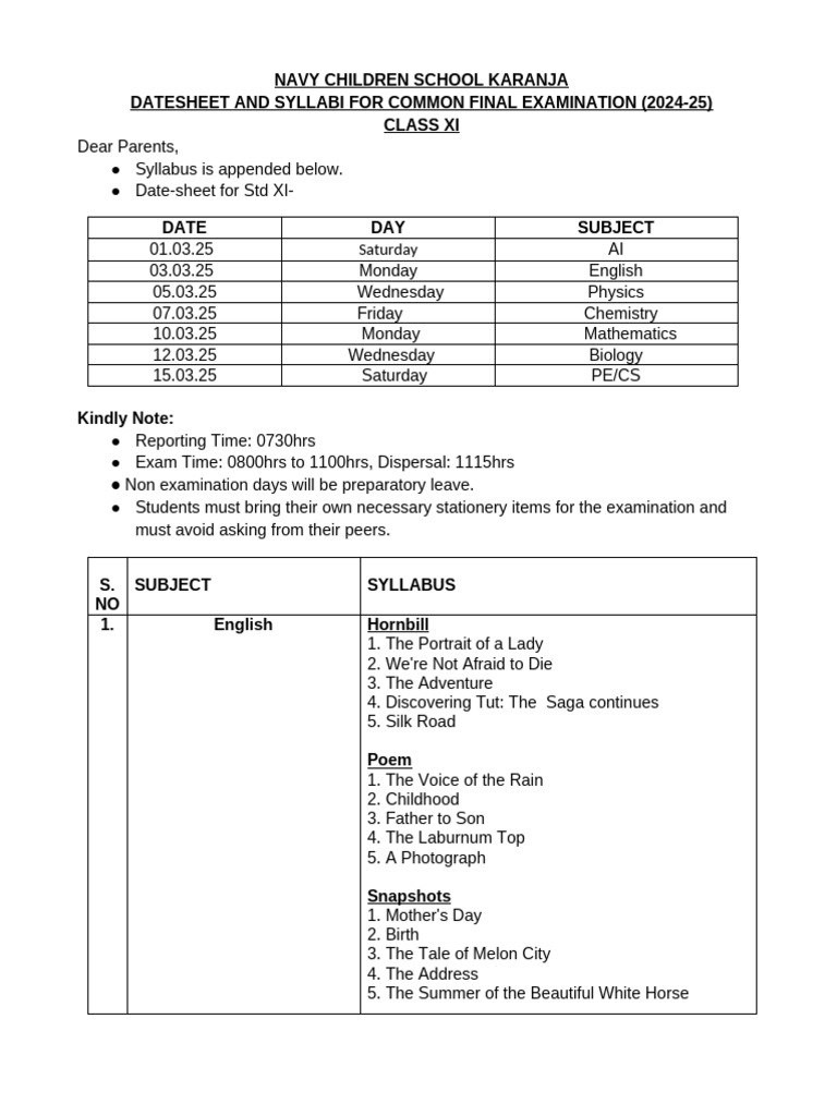Class XI Exam Datesheet & Syllabus 2024-25 | PDF | Linguistics