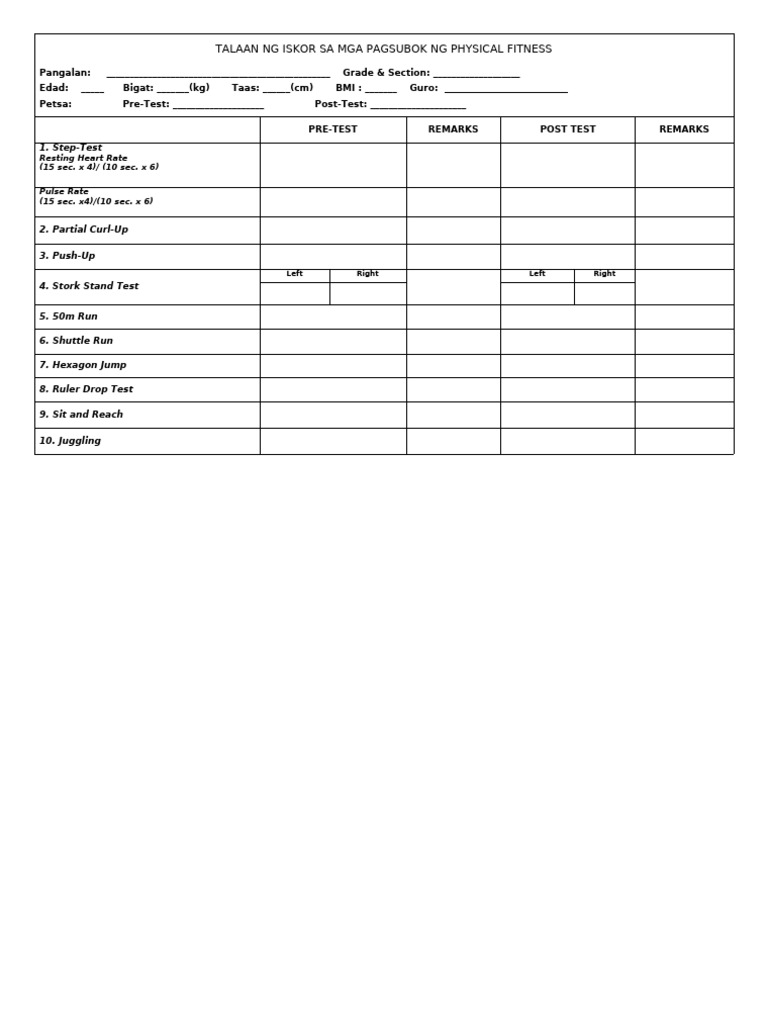 Physical Fitness Test Score Sheet | PDF