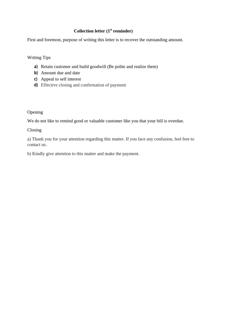 First Reminder Collection Letter Template | PDF