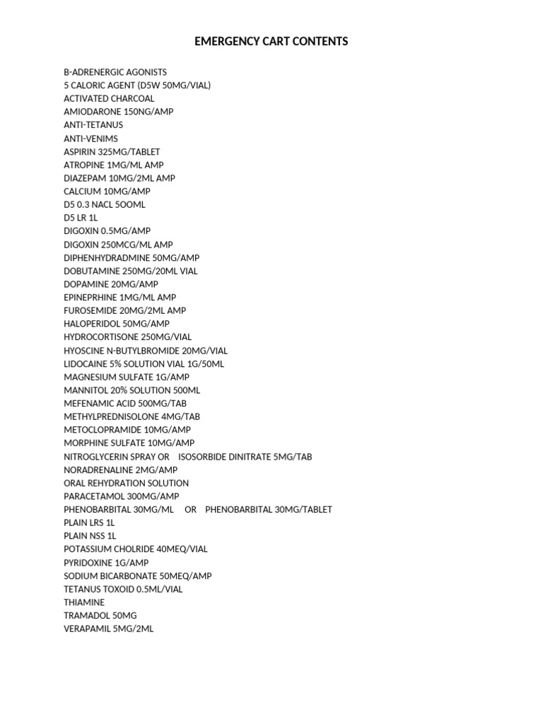 Emergency Cart Contents | PDF