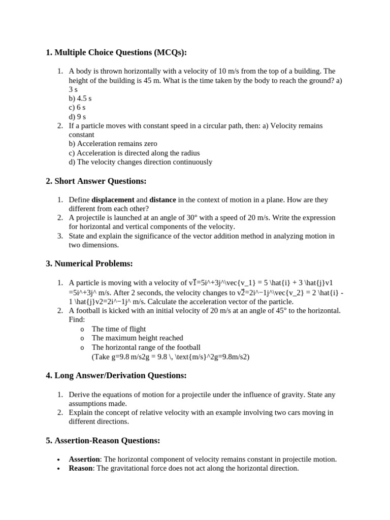 Multiple Choice Questions (MCQS) :: Displacement Distance | PDF