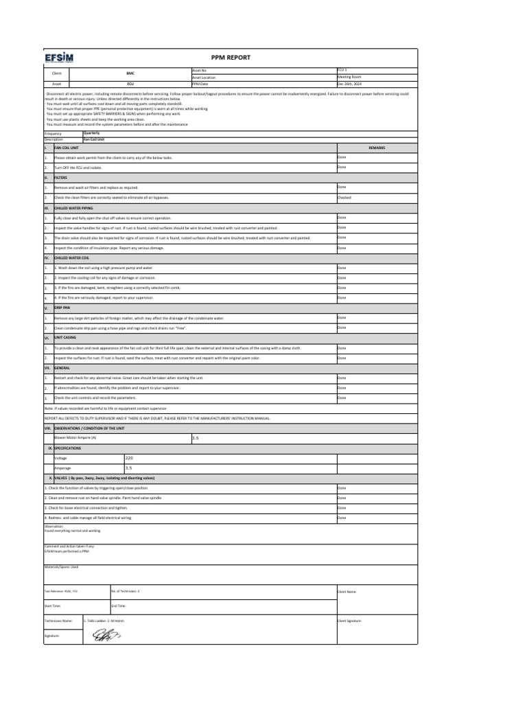 FCU PPM Report for Meeting Room | PDF | Electrical Engineering | Equipment