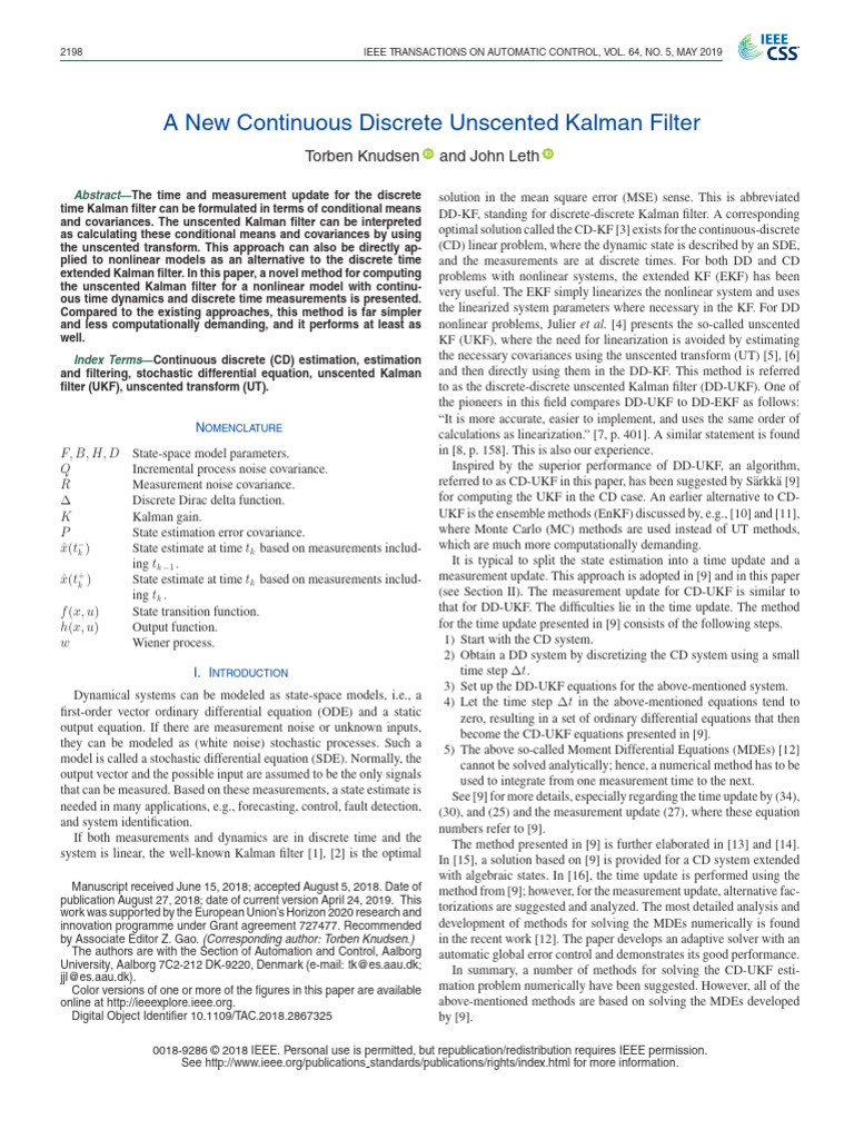 Continuous Discrete Unscented Kalman Filter | PDF | Kalman Filter ...