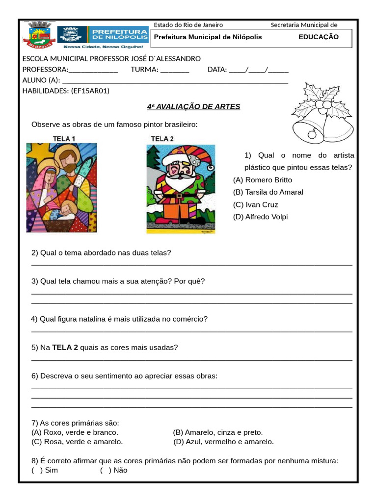 PROVA DE ARTES 4º BIMESTRE | PDF | Cor | Visão