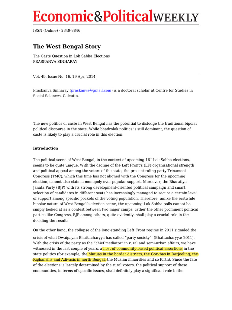 Caste Dynamics in West Bengal Elections | PDF | Politics Of India