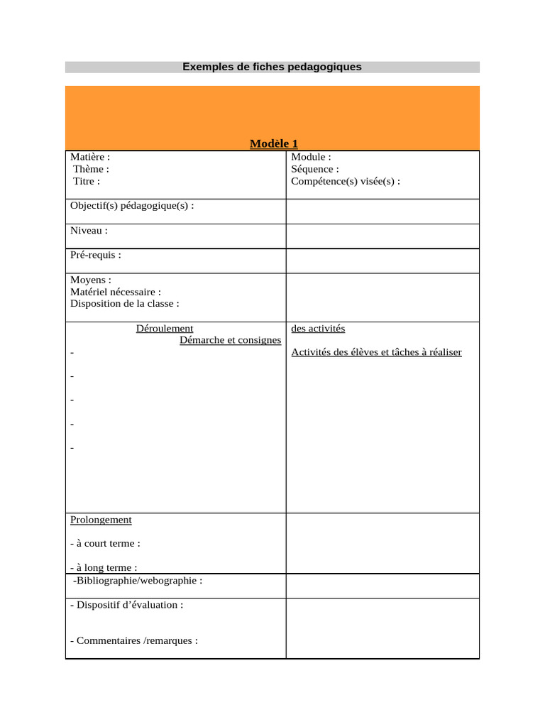 Exemples de fiches pédagogiques modèles | PDF