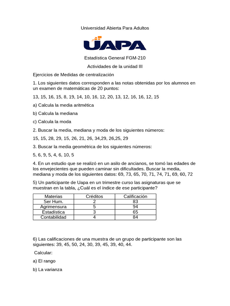 Actividad de Medidas de Centr. | PDF