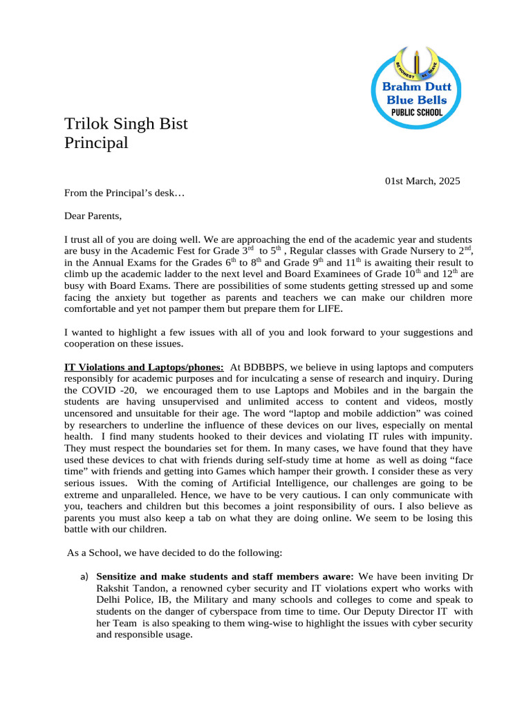 Principal's Message on Student Wellbeing | PDF | Computer Security ...