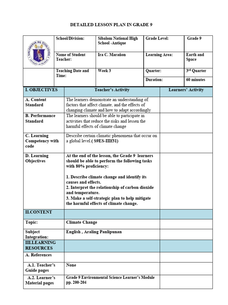 Grade 9 Climate Change Lesson Plan | PDF | Climate Change | Greenhouse ...