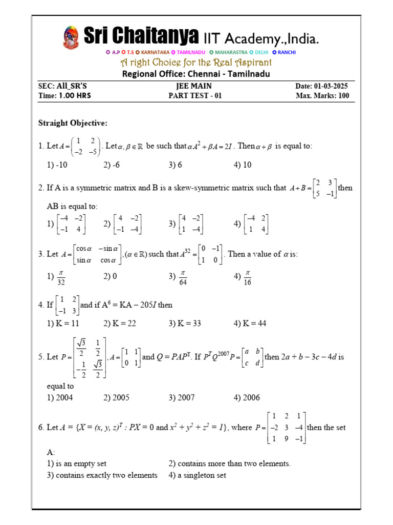 01-03-2025_ALL SRS_MATHS JEE MAIN PATTERN_PT - 01_Q.PAPER | PDF ...