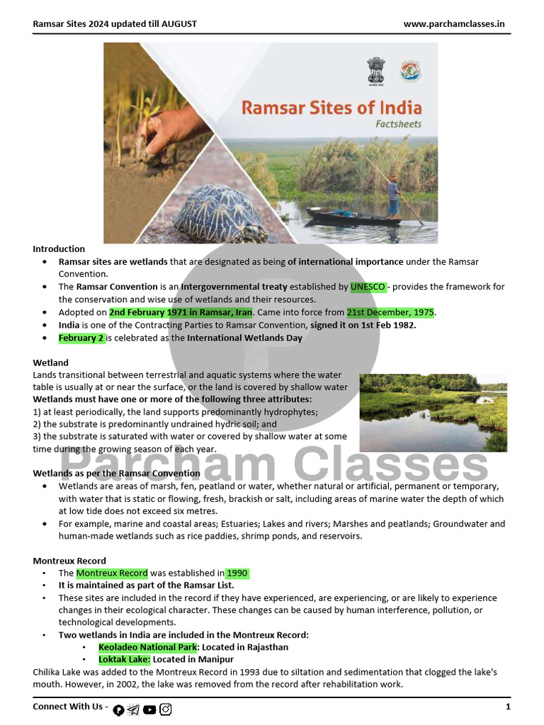 Overview of Ramsar Sites in India 2024 | PDF | Wetland | Environment
