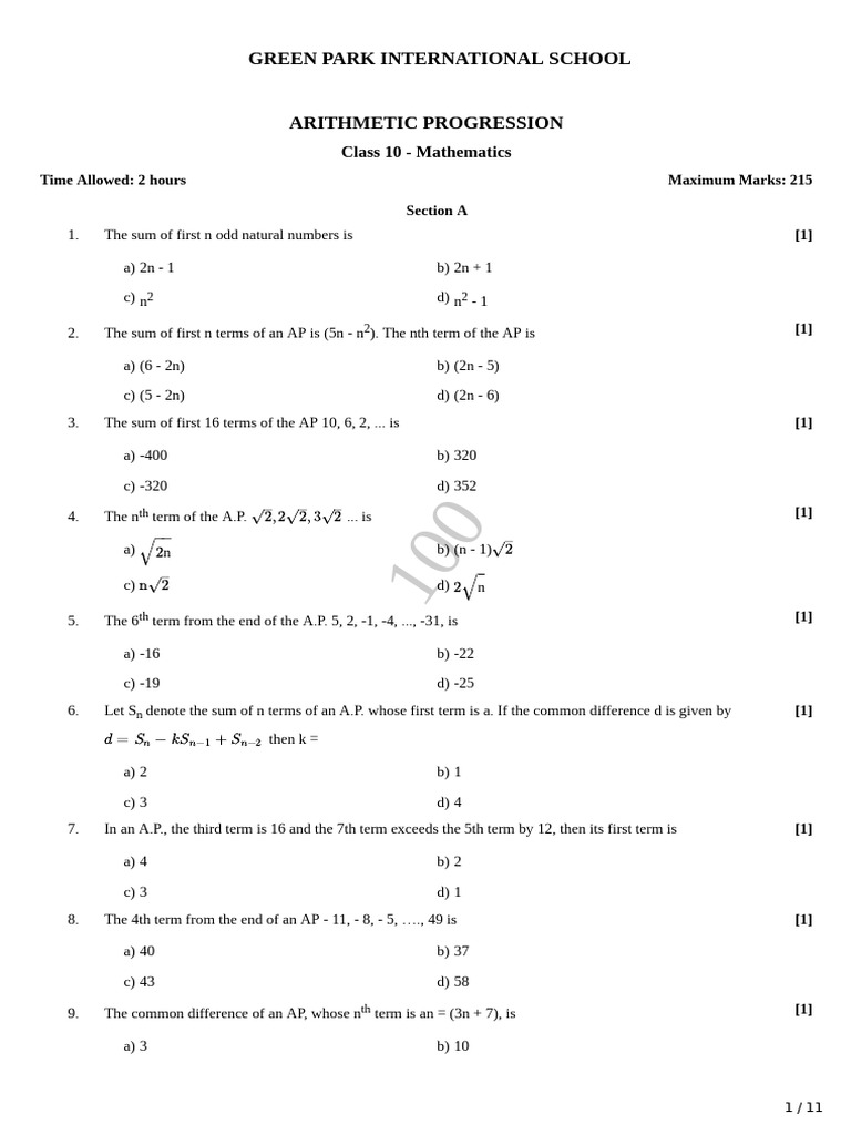 Class 10 Arithmetic Progression Exam | PDF | Mathematics | Arithmetic
