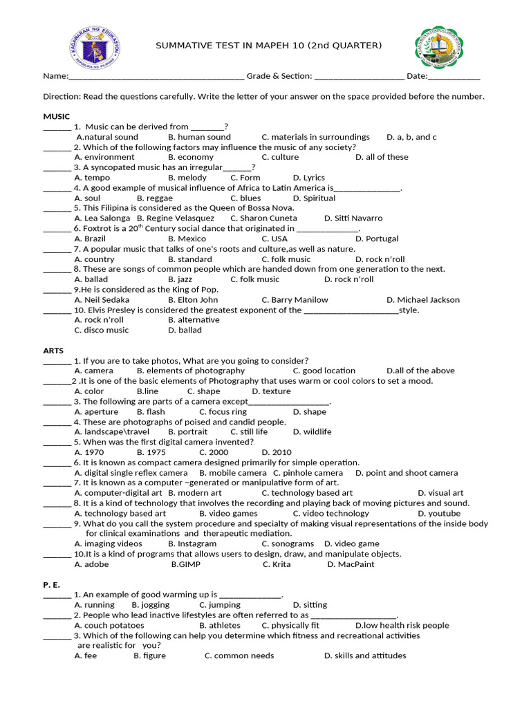 MAPEH 10 2nd Quarter Summative Test | PDF | Camera