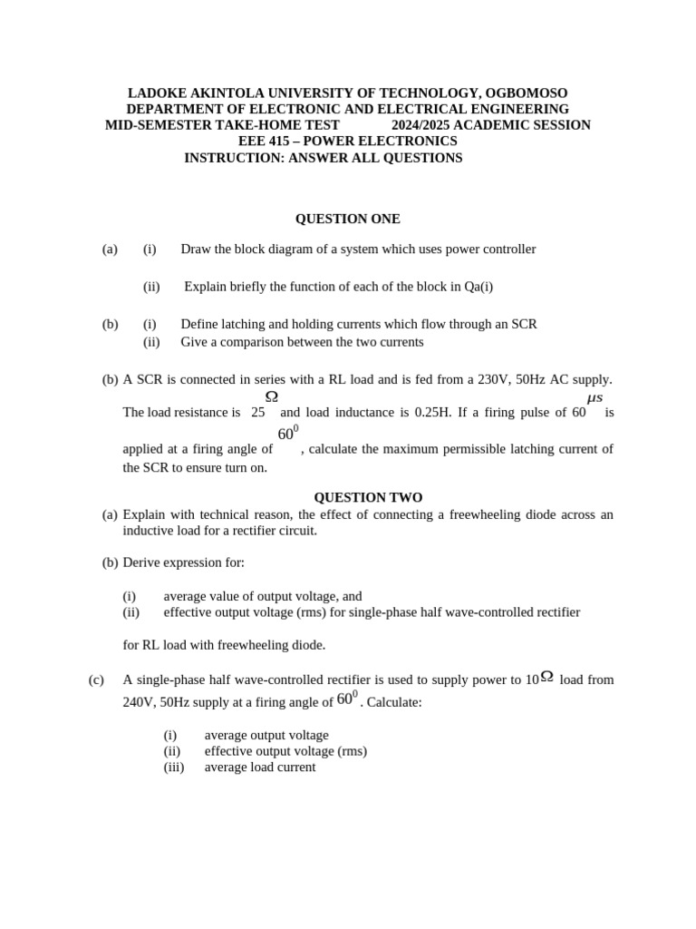 Power Electronics Mid-Semester Test 2024 | PDF
