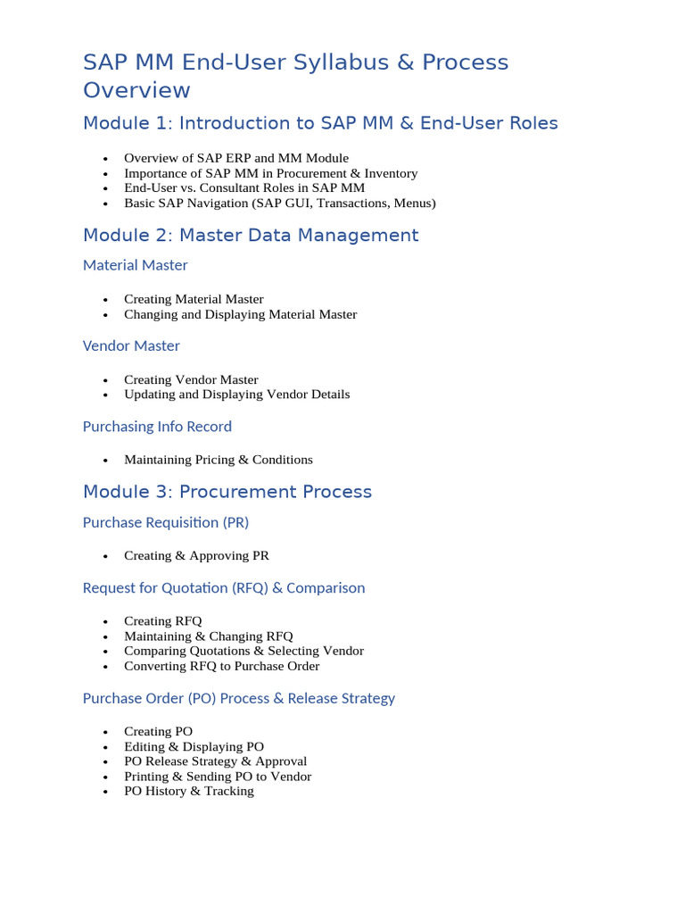 SAP MM End-User Training Syllabus | PDF