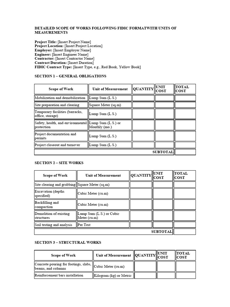 FIDIC-Compliant Scope of Work Template | PDF | Concrete | Wall