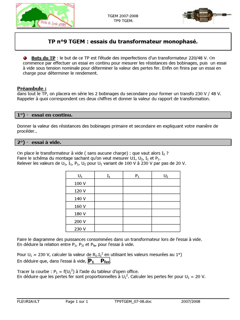 Essais de Transformateur Monophasé 220/48V | PDF | Transformateur ...