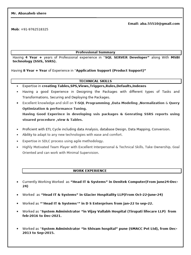 SQL Server Developer & MSBI Expert Resume | PDF | Microsoft Sql Server ...