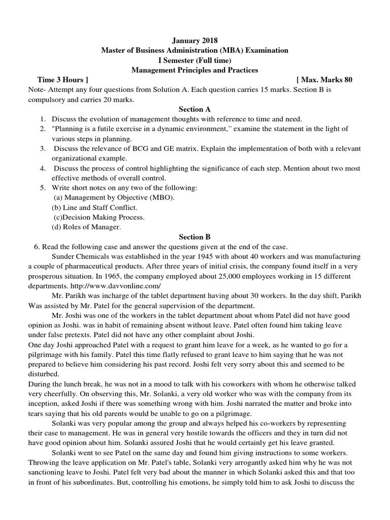 MBA Management Principles Exam 2018 | PDF