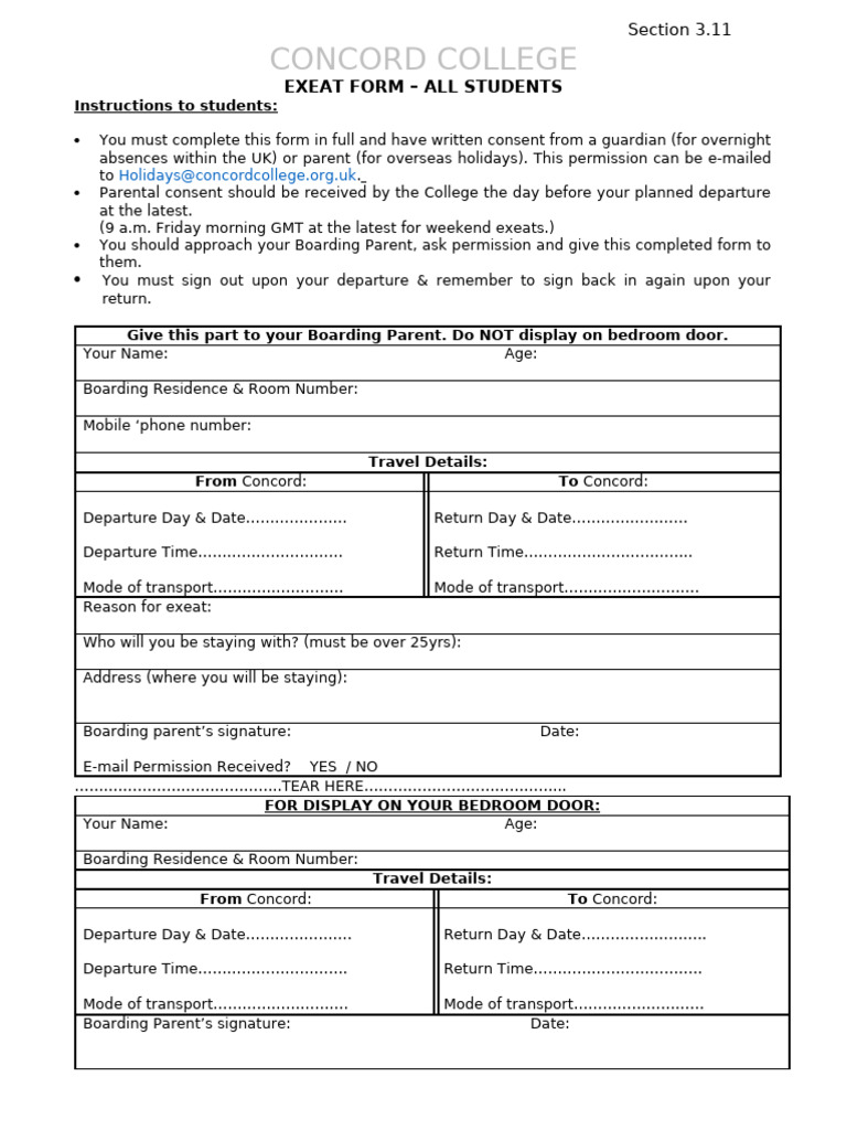 Concord College Exeat Form Instructions | PDF