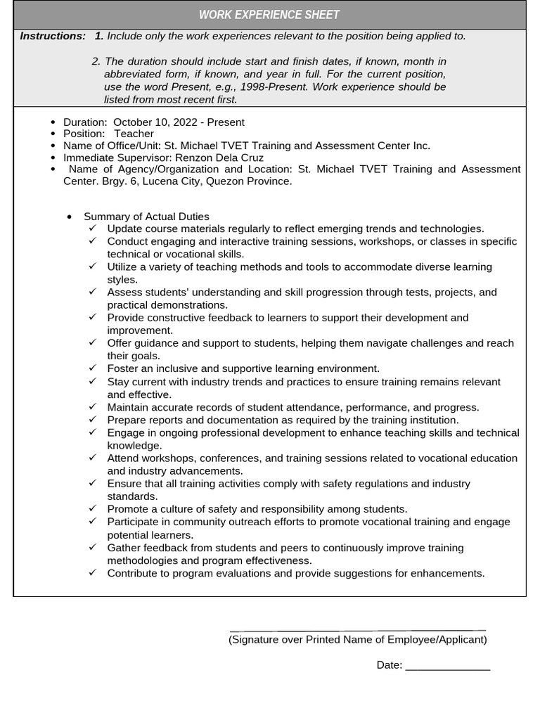 Work Experience Sheet for Teacher Position | PDF | Learning ...