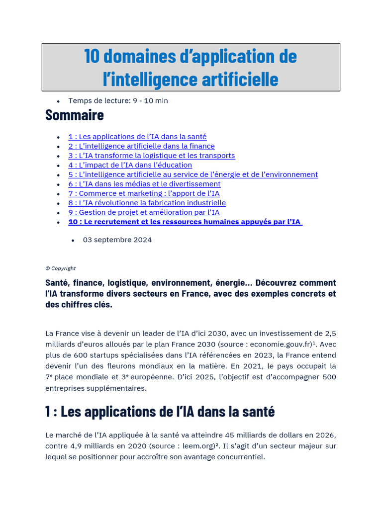 10 Domaines D'application de L'intelligence Artificielle | PDF ...