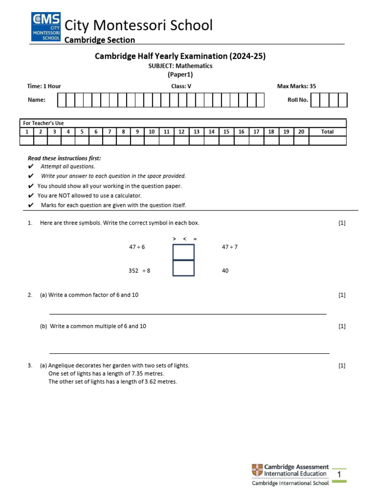 Cambridge Class V Math Exam 2024-25 | PDF