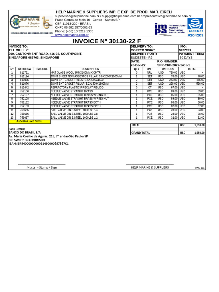 Marine Supply Invoice 30130-22 | PDF