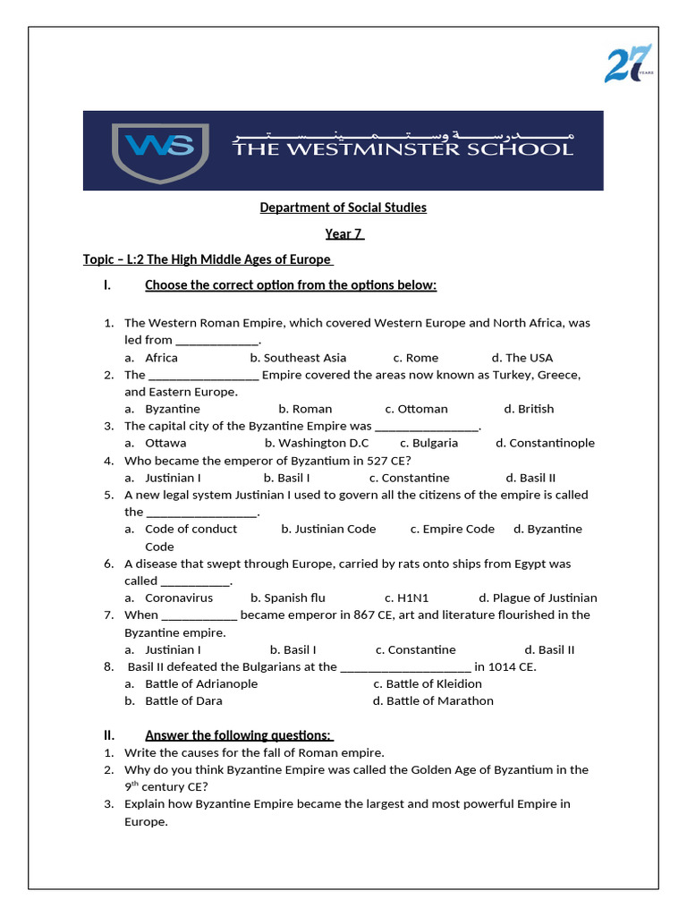 High Middle Ages: Byzantine Empire Quiz | PDF | Byzantine Empire ...