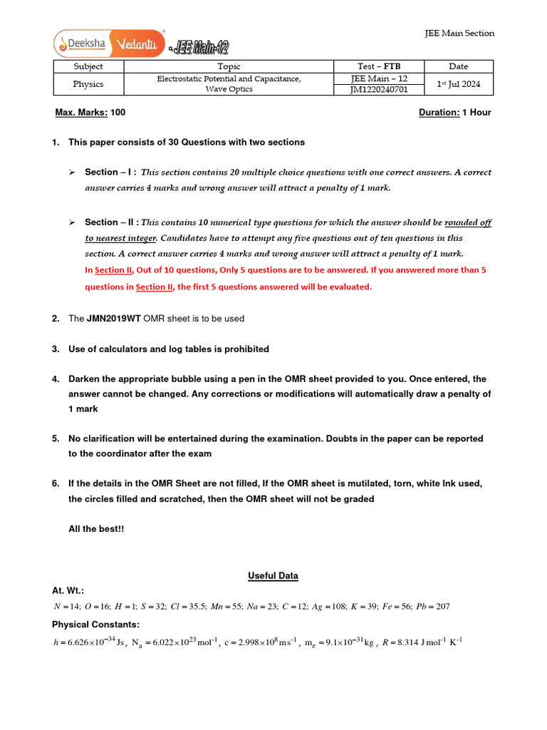 JEE Main Physics Exam Paper - July 2024 | PDF | Capacitance | Capacitor