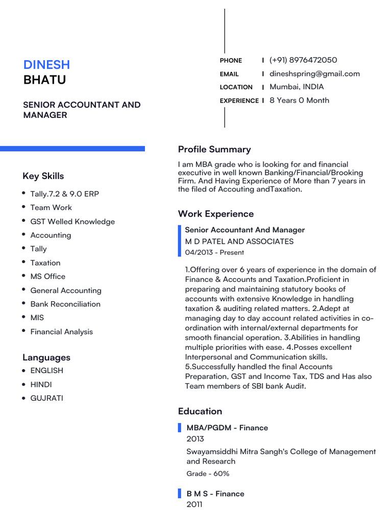 Senior Accountant Dinesh Bhat's Profile | PDF
