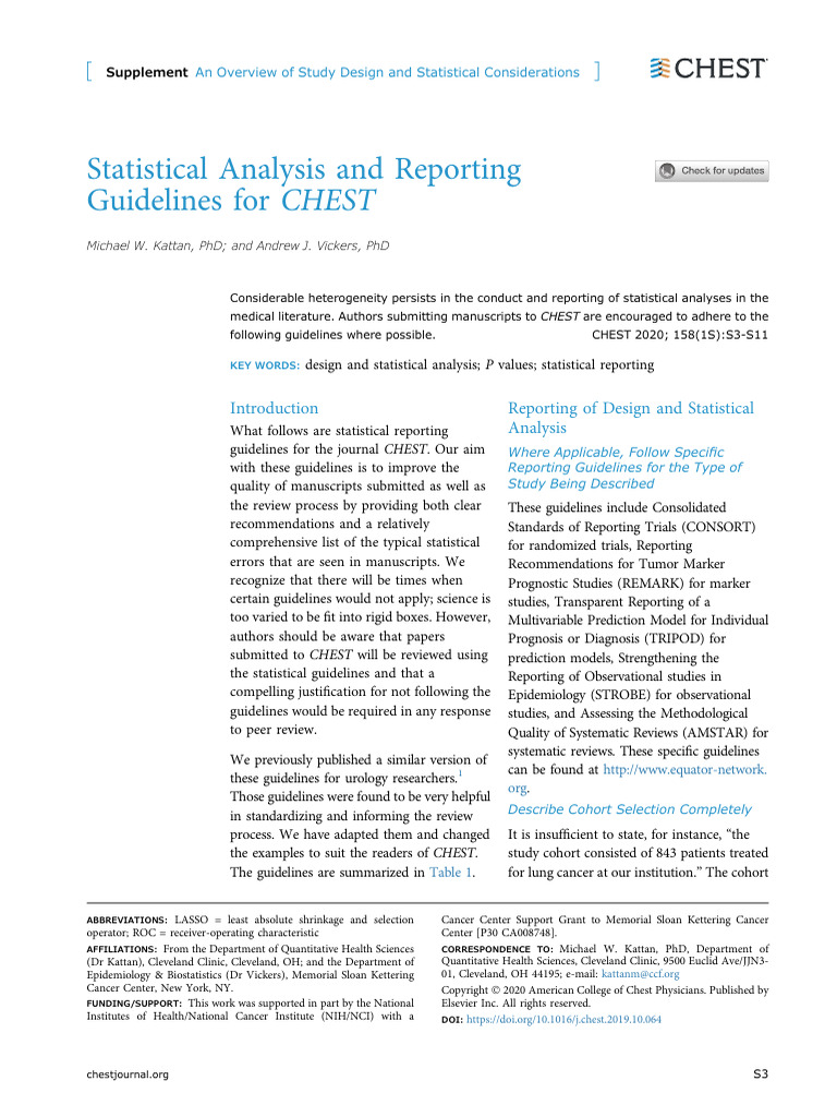 Statistical Analysis and Reporting Guidelines For CHEST - 2020 - Chest ...