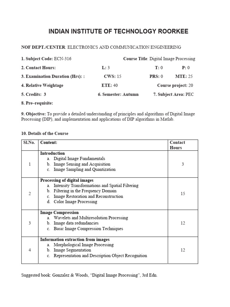 ECE 399: Digital Image Processing Course | PDF