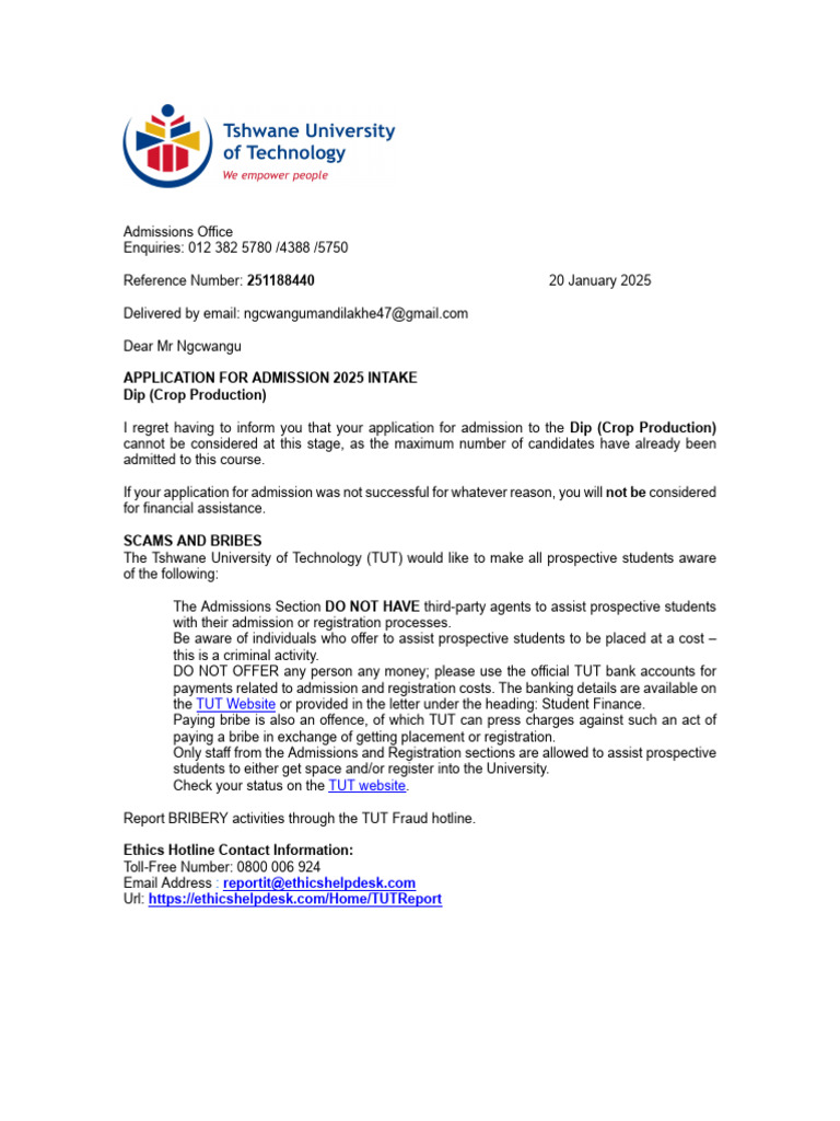 TUT Admission Rejection Notice 2025 | PDF | Bribery | Crimes