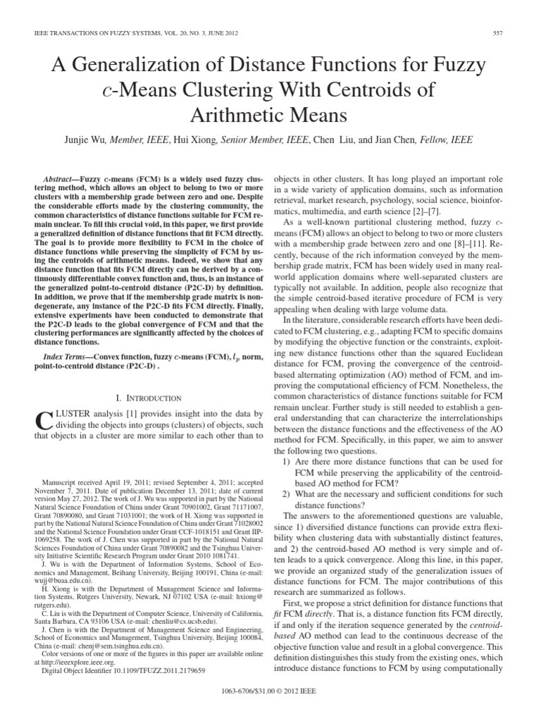 A Generalization of Distance Functions For Fuzzy C - Means Clustering ...