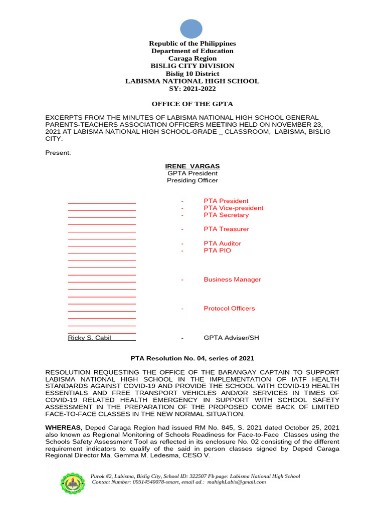 PTA Resolution for COVID-19 Support | PDF