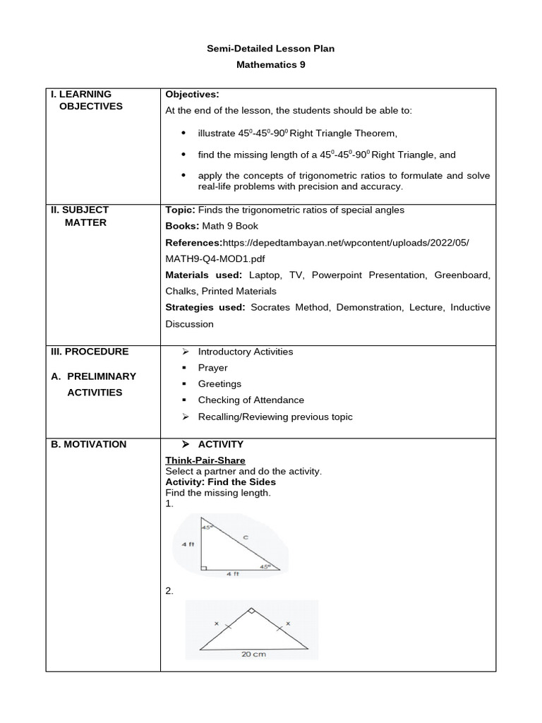 GR 9 Math Lesson Plan Mar 3 | PDF | Mathematics | Trigonometry