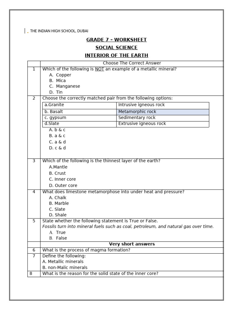 Grade 7 Social Science: Earth's Interior Worksheet | PDF | Rock ...