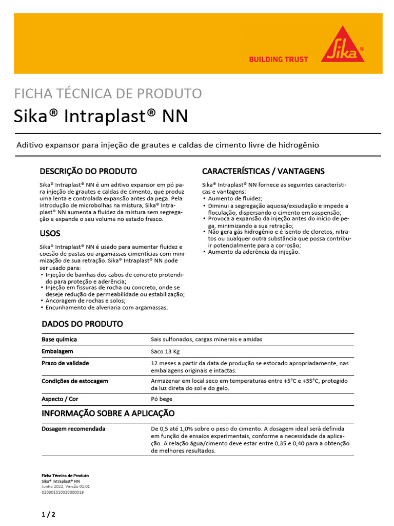 Sika Intraplast NN | PDF | Cimento | Desperdício