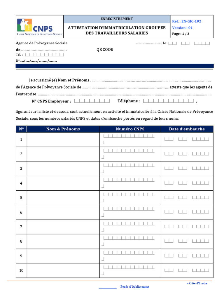 Attestation d'Immatriculation CNPS | PDF | Travail | Relations ...
