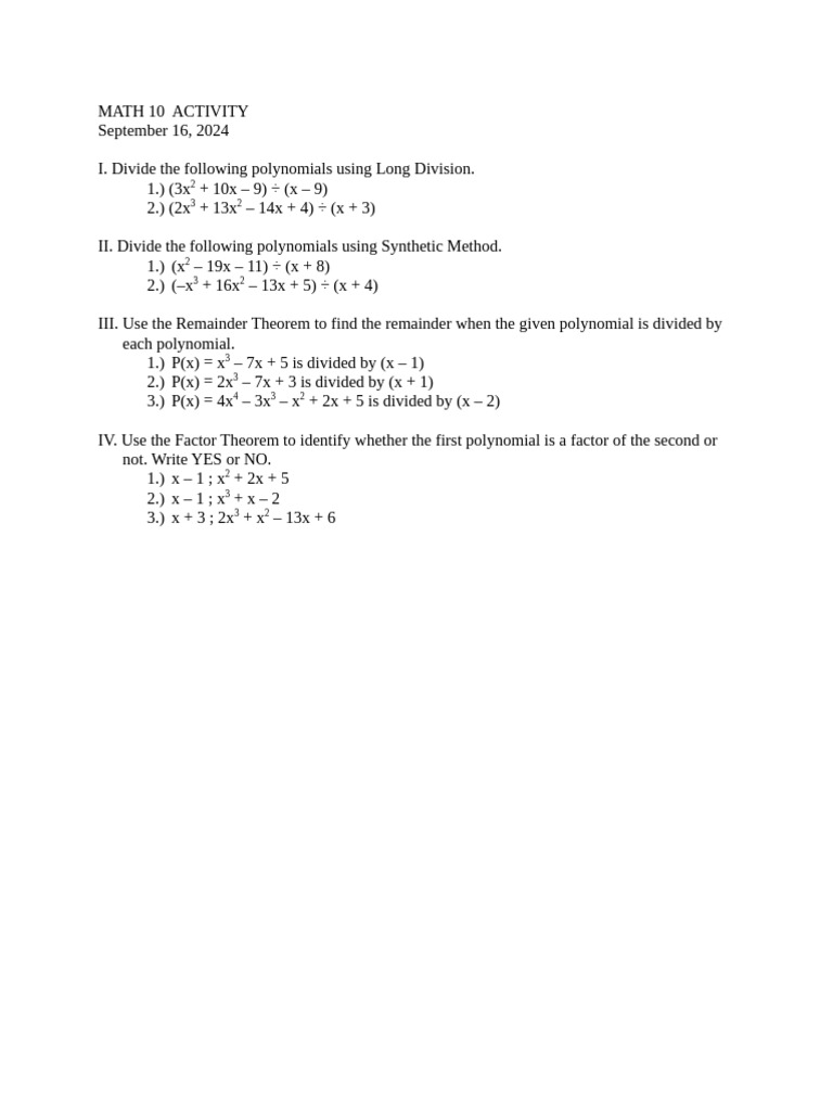 MATH 10 ACTIVITY Polynomials Online Class | PDF
