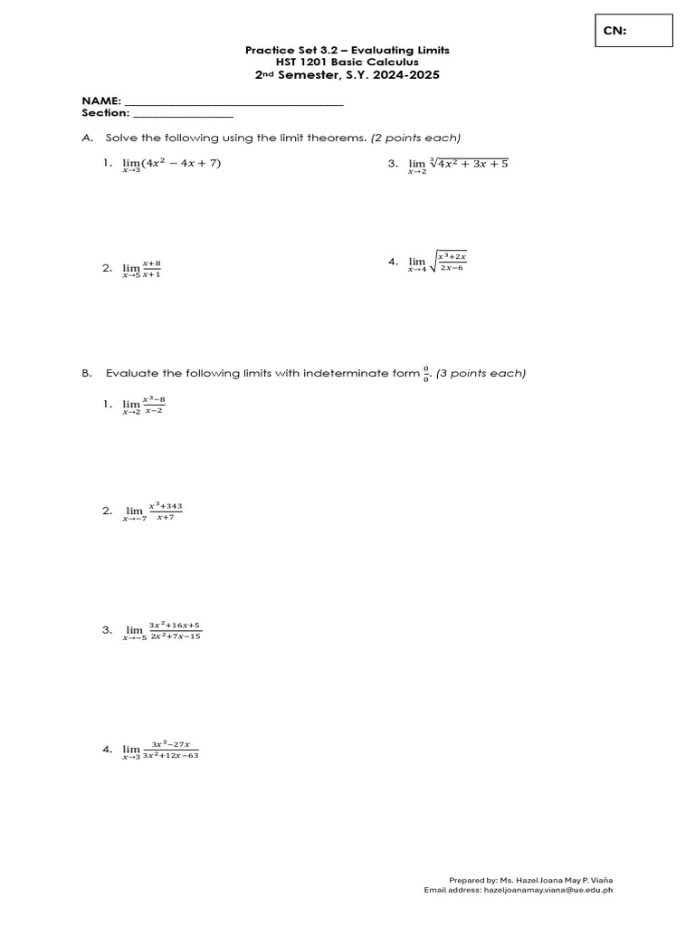 HST 1201 Practice Set 3.2 - Evaluating Limits | PDF