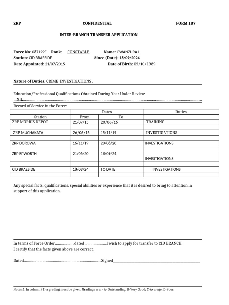 CID Transfer Application for Constable Gwanza | PDF | Knowledge ...