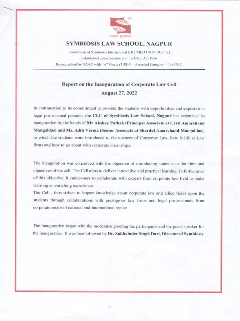Report of Inauguration of Corporate Cell 27 August 2022 | PDF