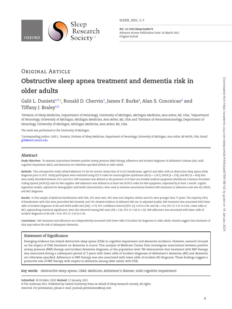 2021 Dunietz Sleep Apnea & Dementia Risk | PDF | Dementia | Sleep Apnea
