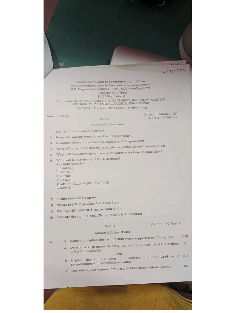 C Program Question Paper | PDF