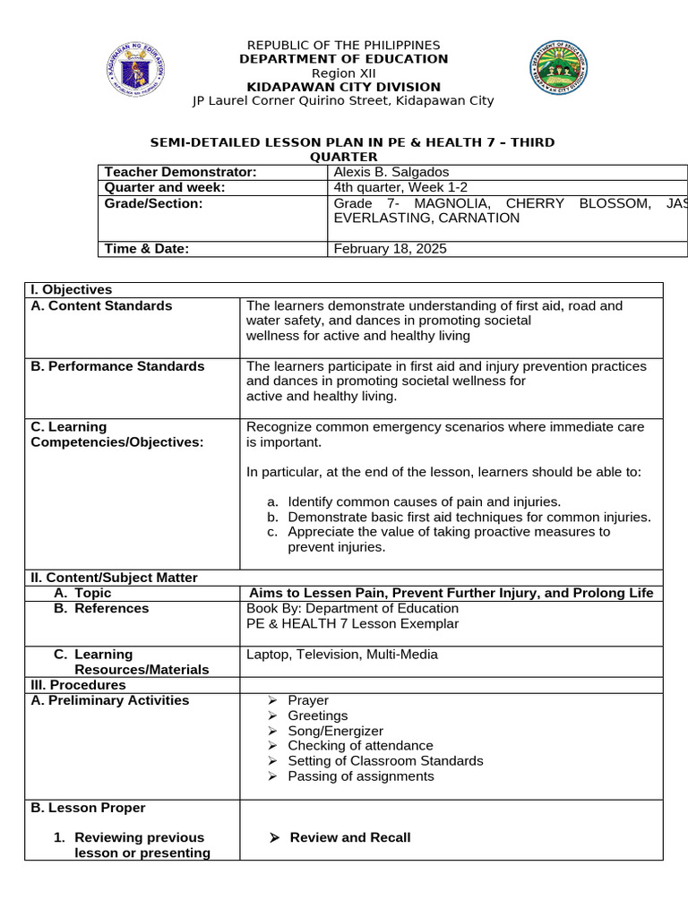 PE & Health 7: First Aid Lesson Plan | PDF | First Aid ...