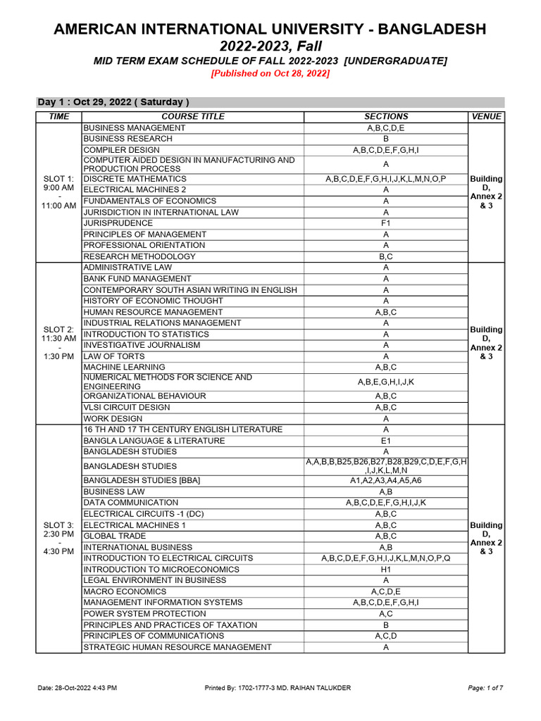 AIUB Fall 2022-2023 Midterm Schedule | PDF | Mathematical Analysis ...