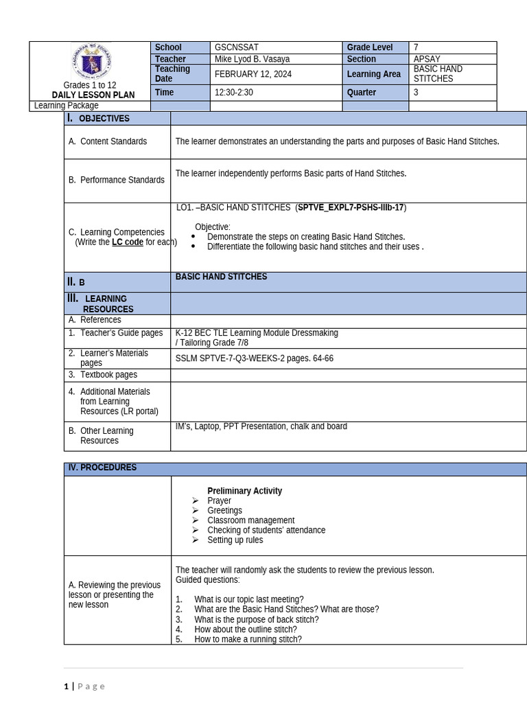 Grade 7 Basic Hand Stitches Lesson Plan | PDF | Learning | Teachers