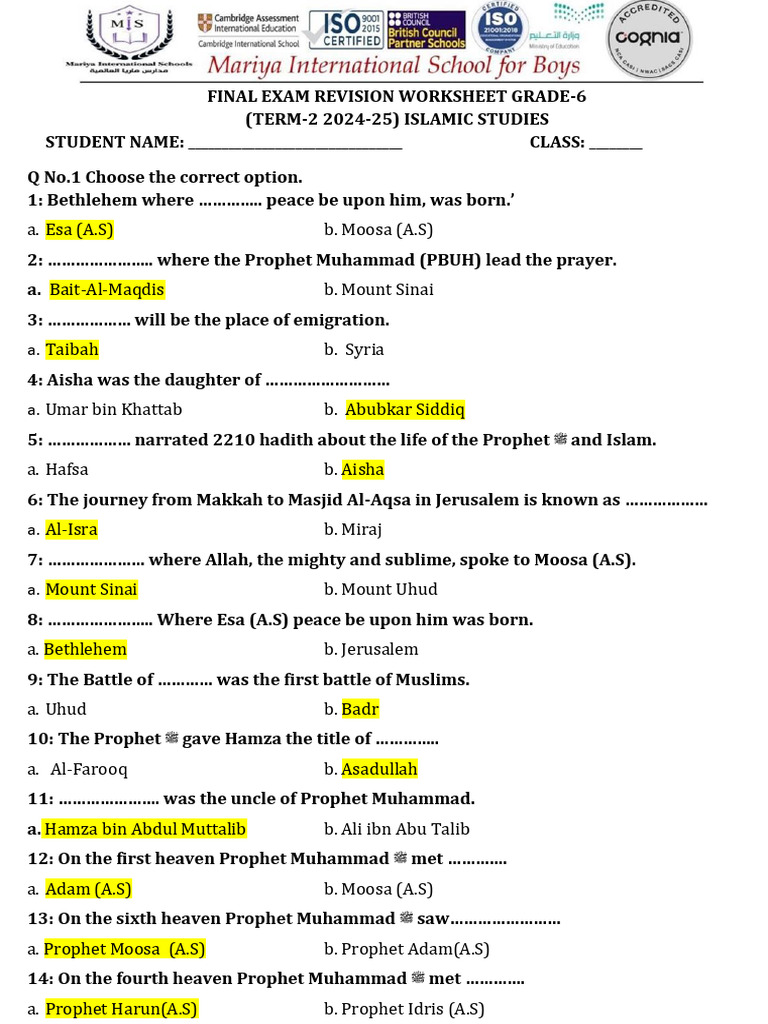 Grade 6 Islamic Studies Exam Prep | PDF | Muhammad | Medina